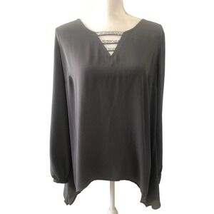 Juicy Couture Gray Chiffon Long Sleeve Blouse With Silver Stones At Neckline XL